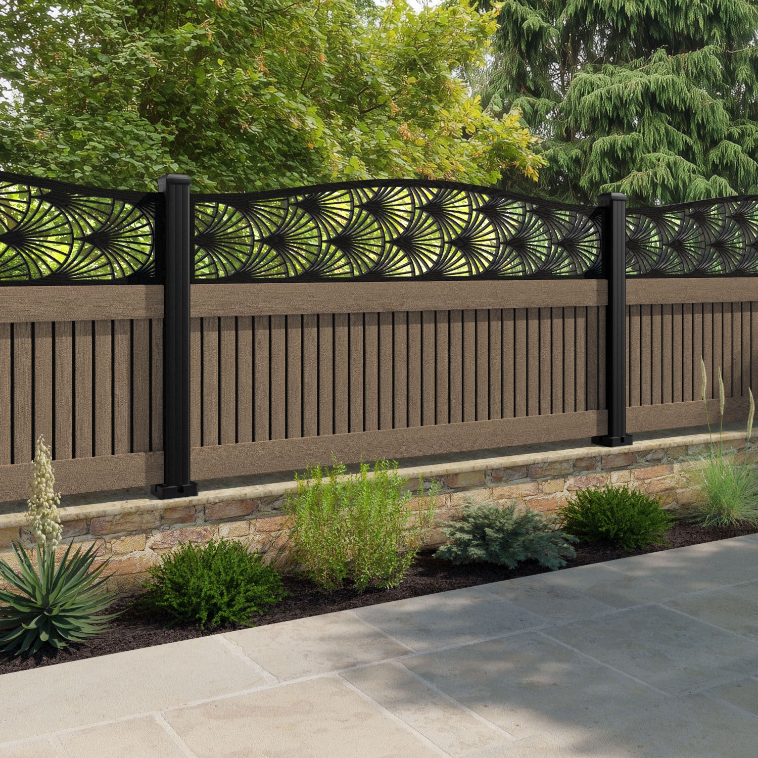Virtis Laurel Curved Top Fence Panel - Teak - with our aluminium posts