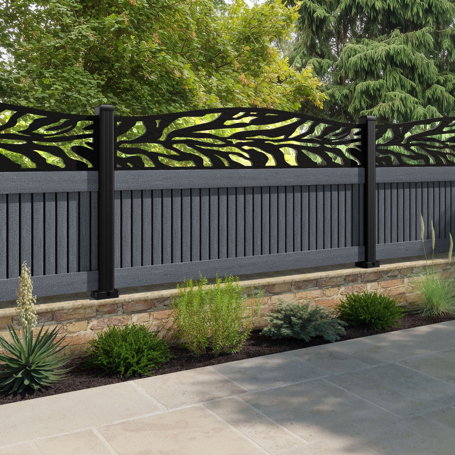 Virtis Malawi Curved Top Fence Panel - Anthracite - with our composite posts