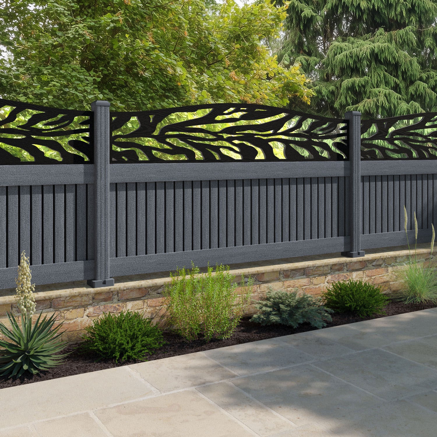 Virtis Malawi Curved Top Fence Panel - Anthracite - with our composite posts