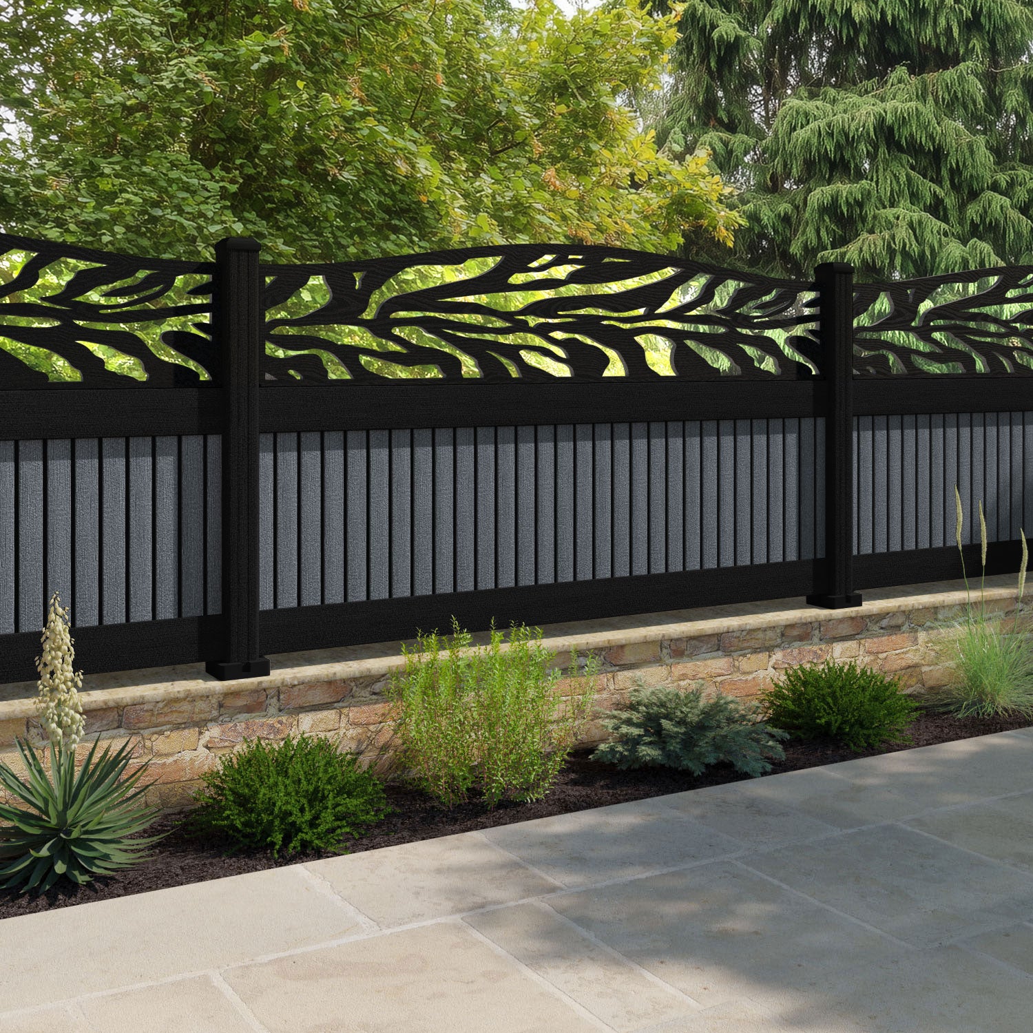 Virtis Malawi Curved Top Fence Panel - Anthracite - with our aluminium posts