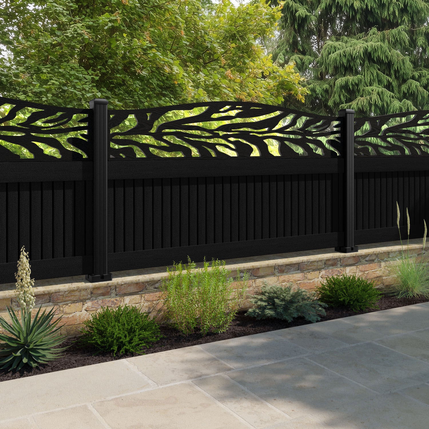Virtis Malawi Curved Top Fence Panel - Black - with our aluminium posts