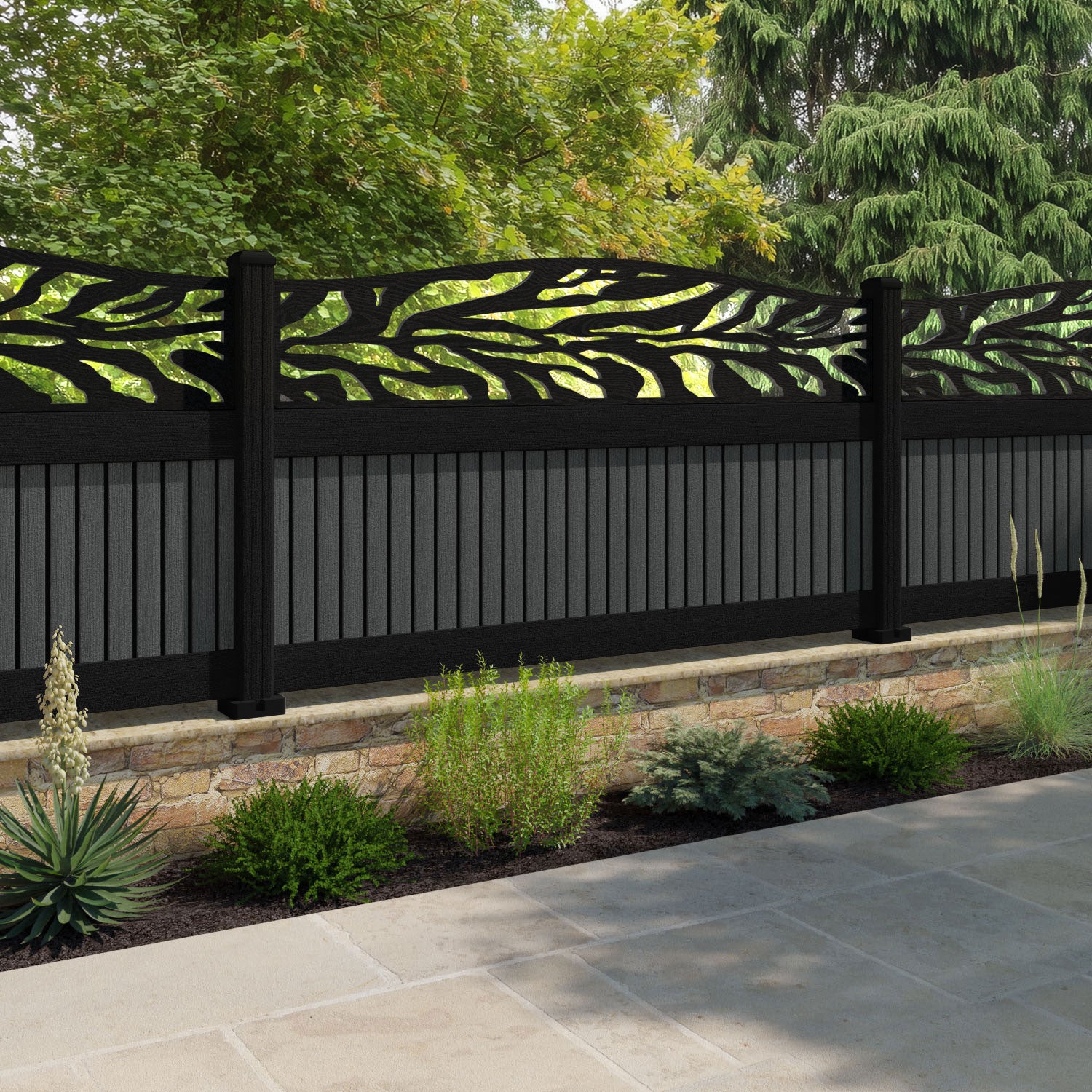 Virtis Malawi Curved Top Fence Panel - Dark Grey - with our composite posts