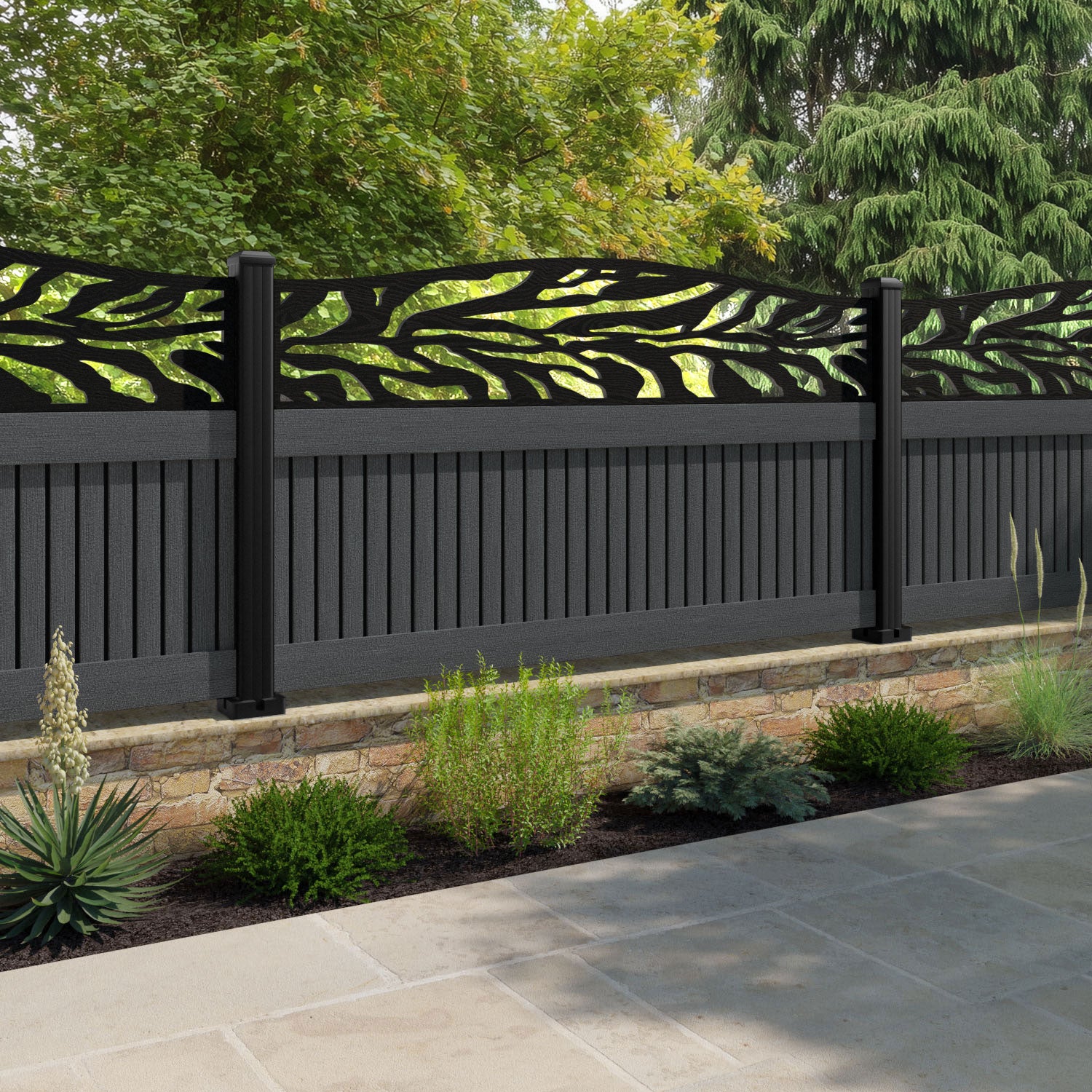 Virtis Malawi Curved Top Fence Panel - Dark Grey - with our composite posts