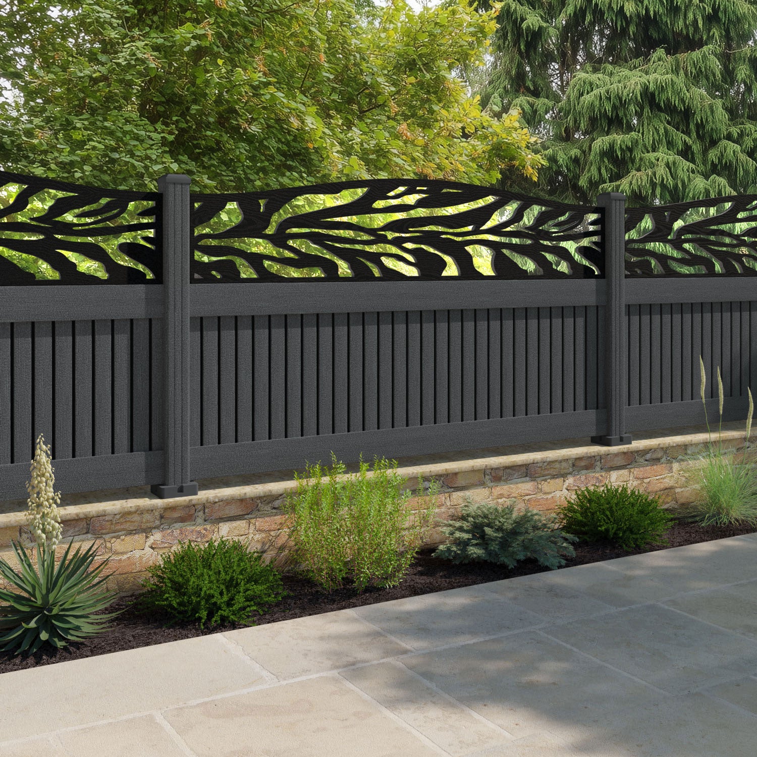 Virtis Malawi Curved Top Fence Panel - Dark Grey - with our composite posts