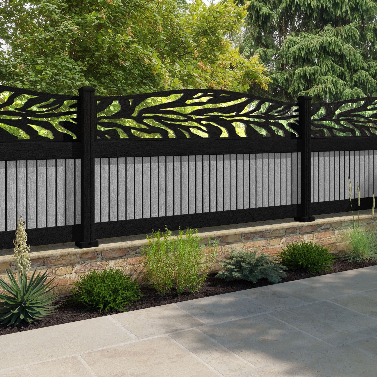 Virtis Malawi Curved Top Fence Panel - Light Grey - with our aluminium posts