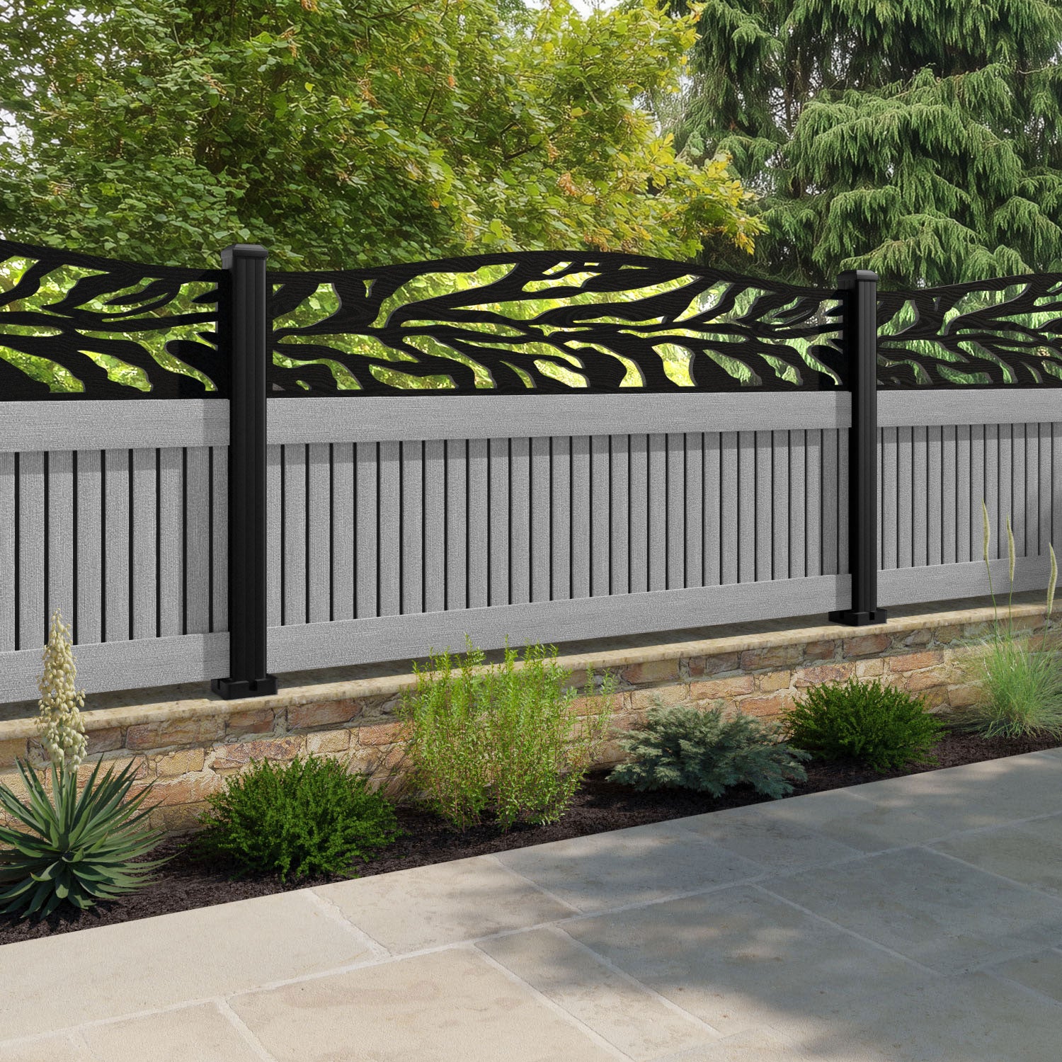 Virtis Malawi Curved Top Fence Panel - Light Grey - with our aluminium posts