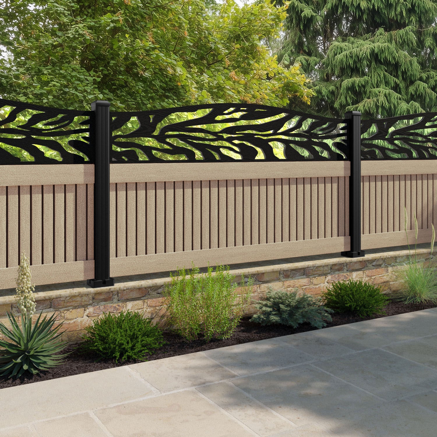Virtis Malawi Curved Top Fence Panel - Light Oak - with our composite posts