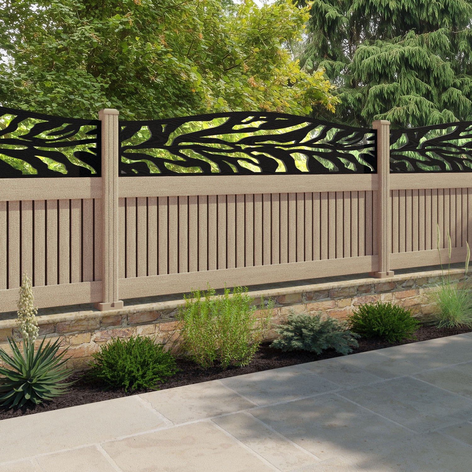Virtis Malawi Curved Top Fence Panel - Light Oak - with our composite posts