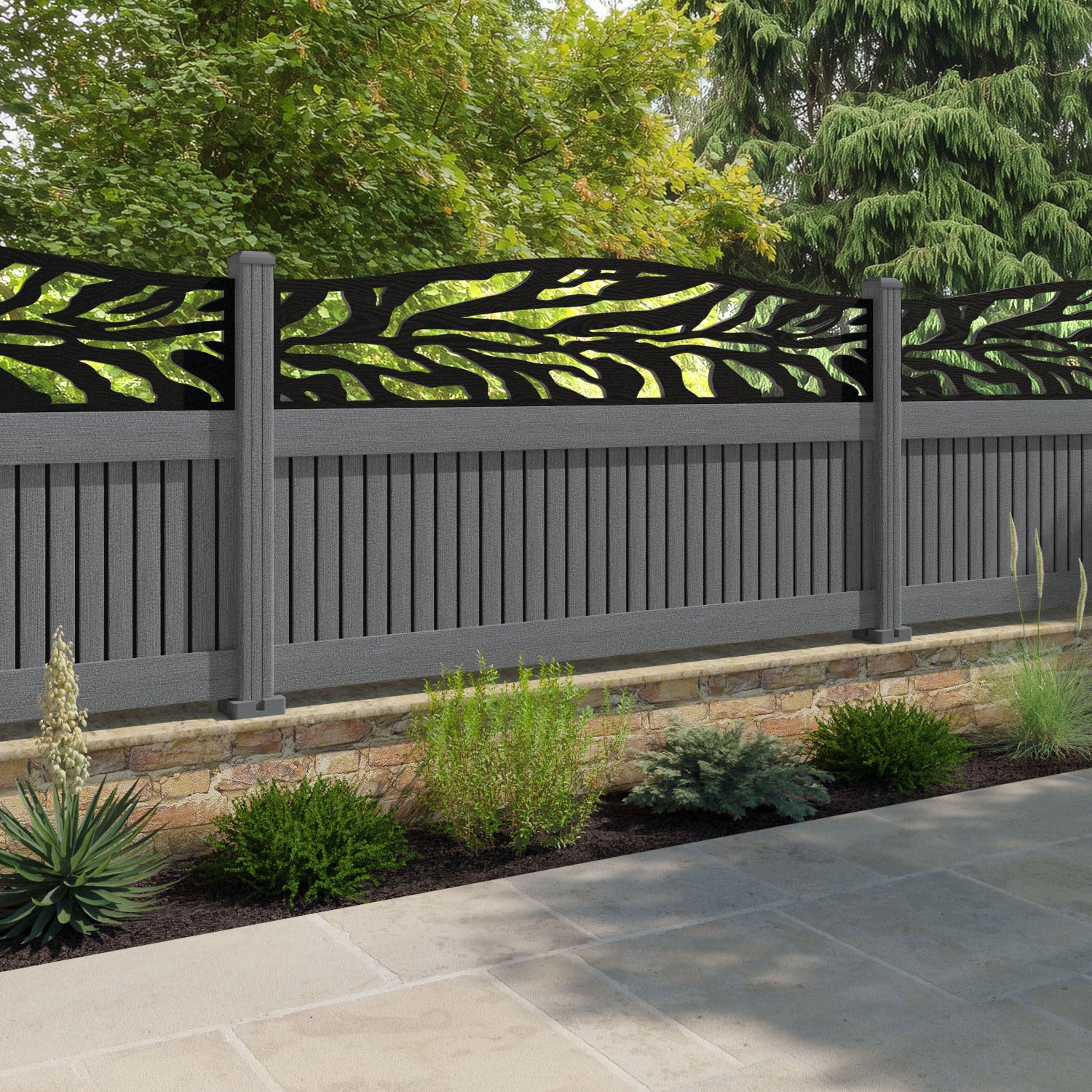 Virtis Malawi Curved Top Fence Panel - Mid Grey - with our composite posts
