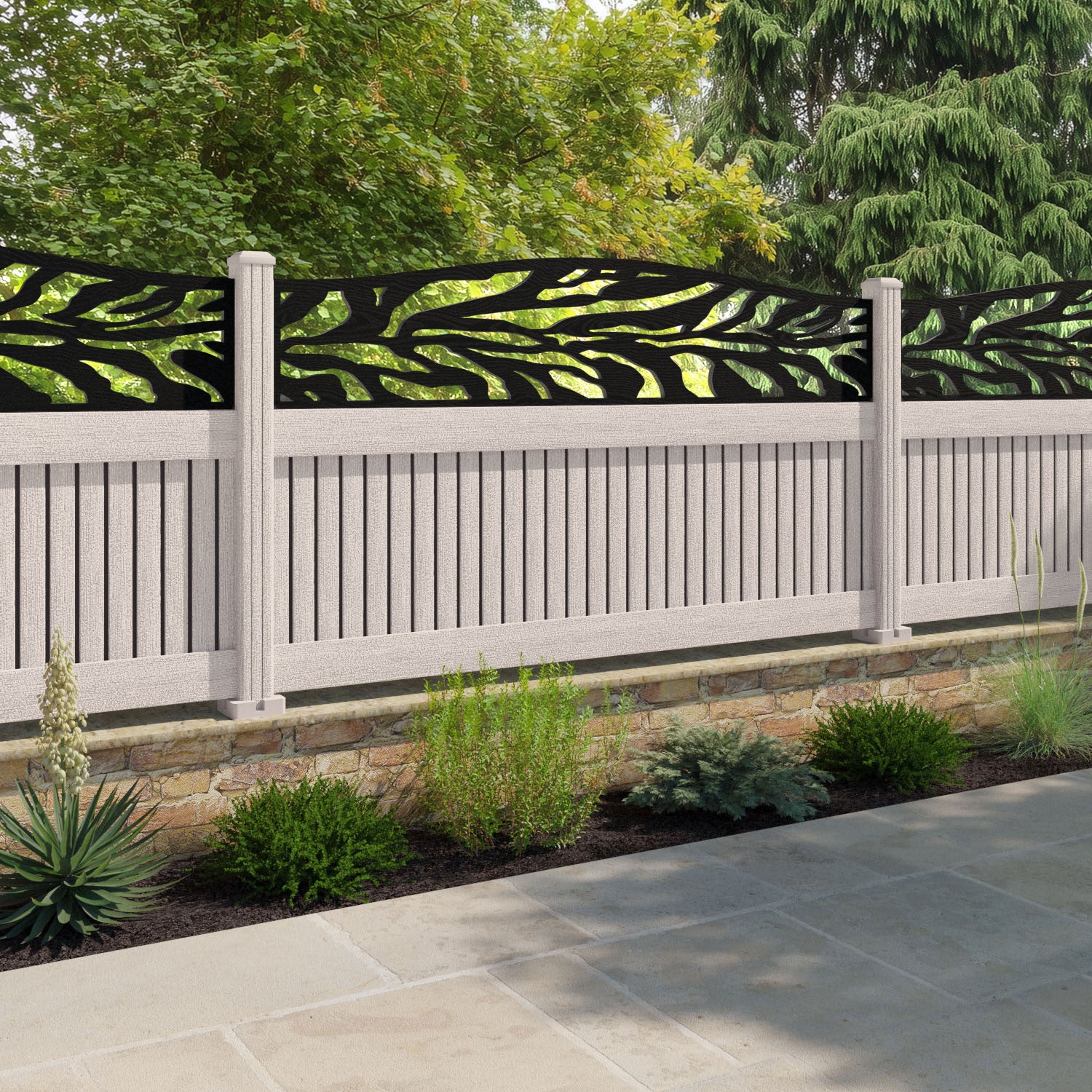 Virtis Malawi Curved Top Fence Panel - Mid Stone - with our composite posts