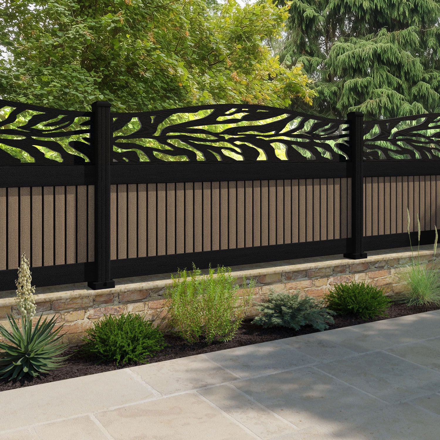 Virtis Malawi Curved Top Fence Panel - Teak - with our aluminium posts