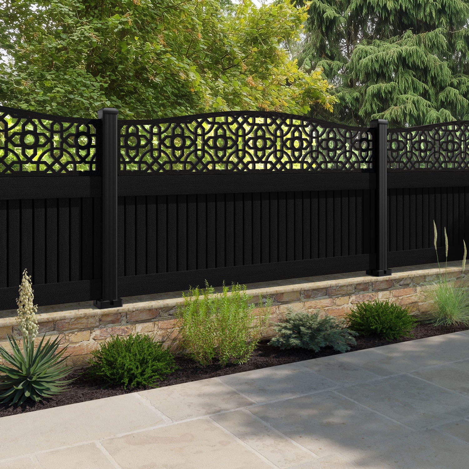 Virtis Nabila Curved Top Fence Panel - Black - with our aluminium posts