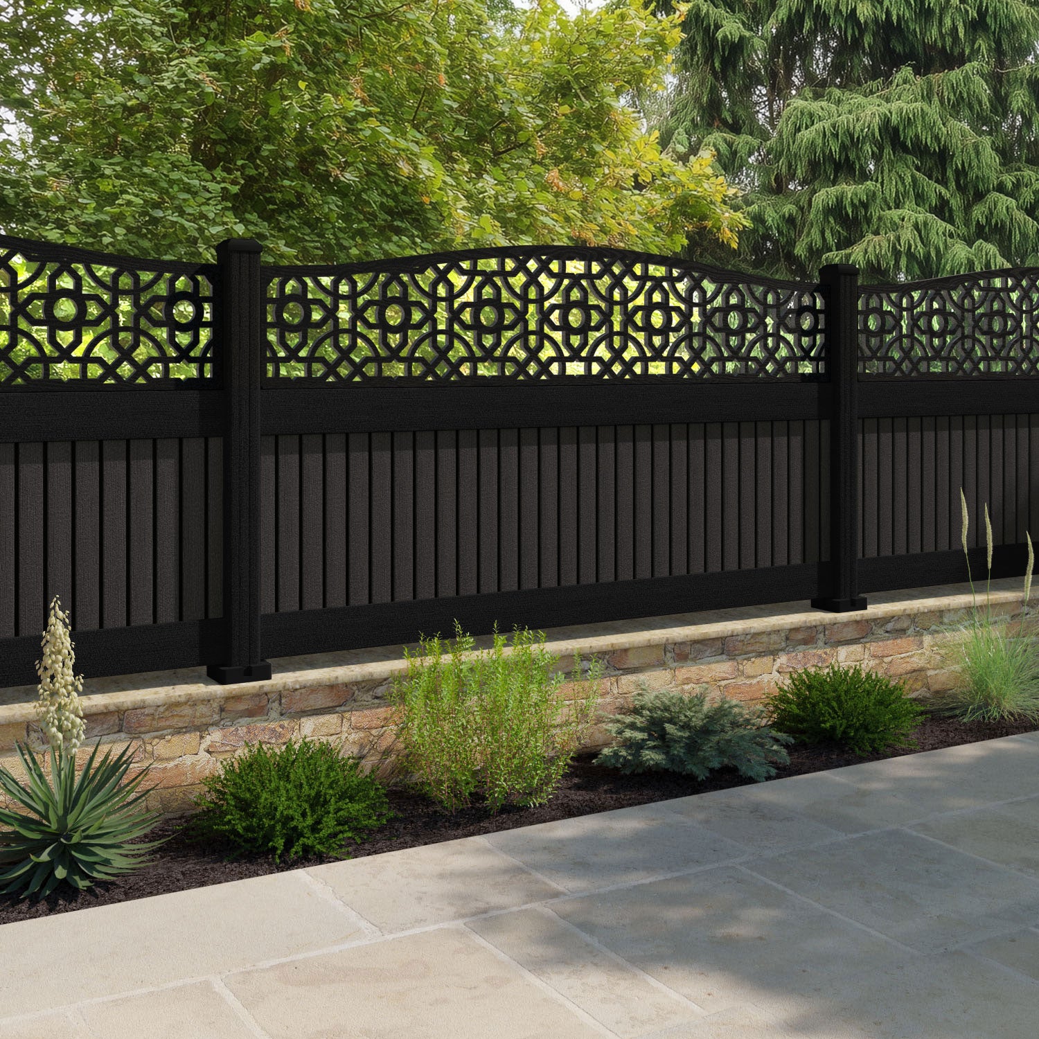 Virtis Nabila Curved Top Fence Panel - Dark Oak - with our aluminium posts