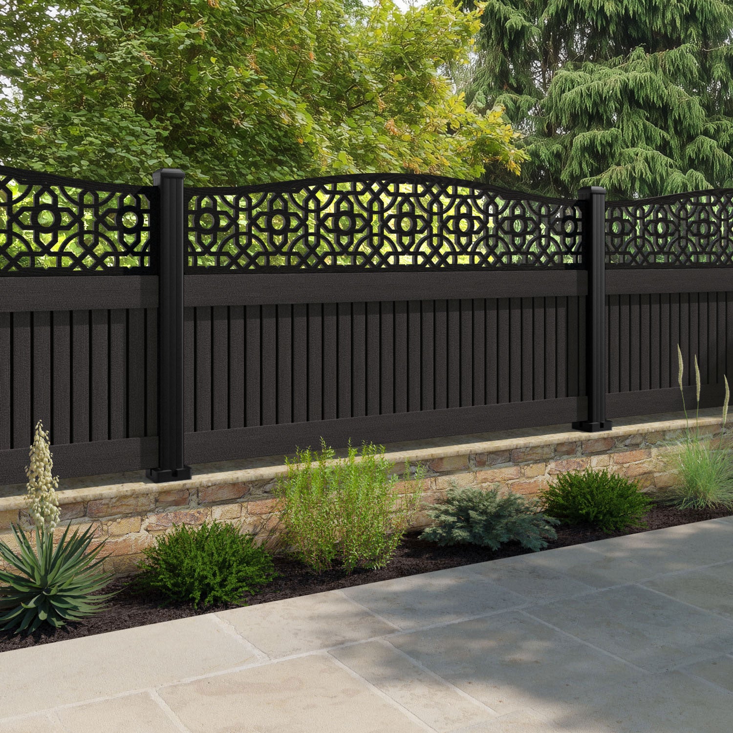 Virtis Nabila Curved Top Fence Panel - Dark Oak - with our aluminium posts