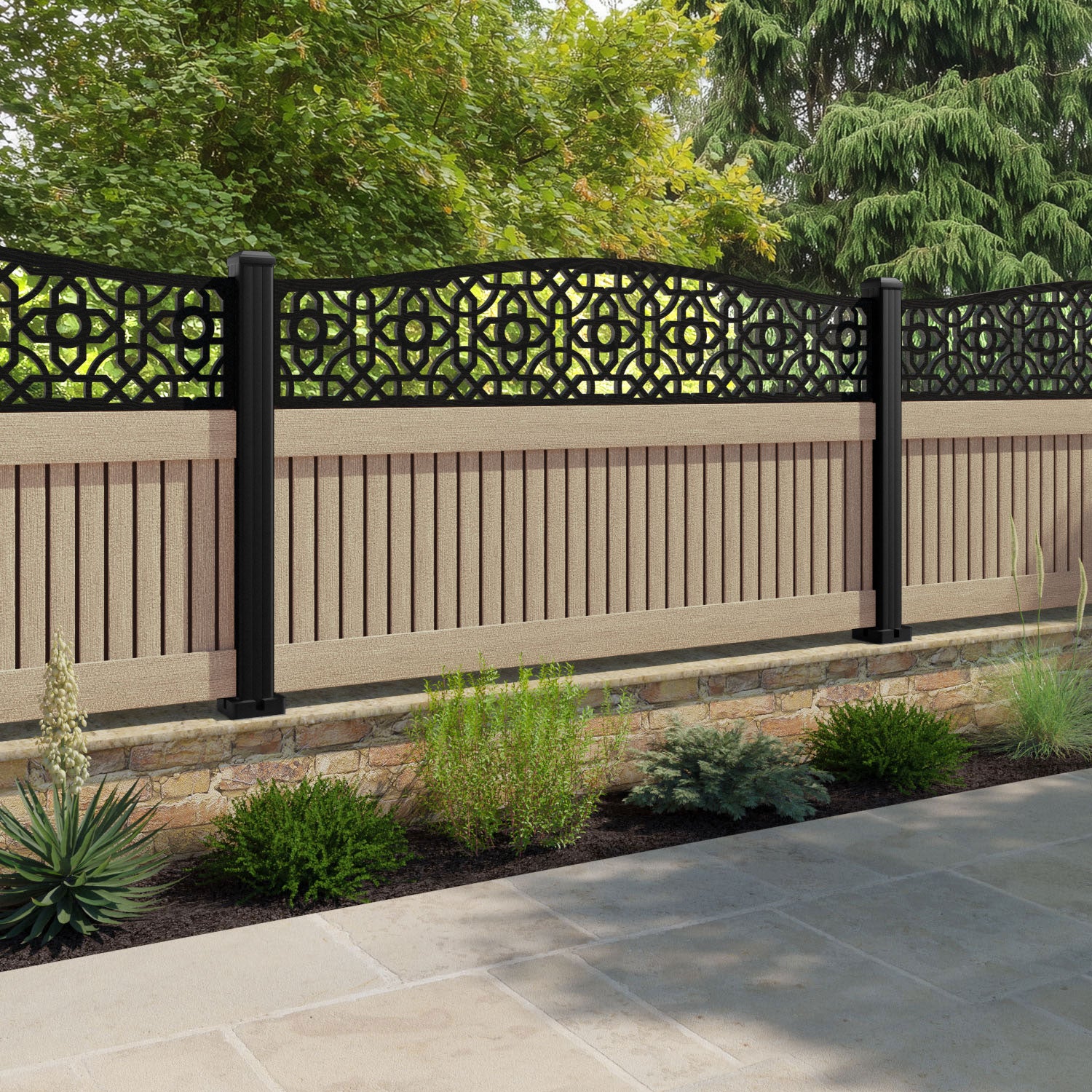 Virtis Nabila Curved Top Fence Panel - Light Oak - with our composite posts