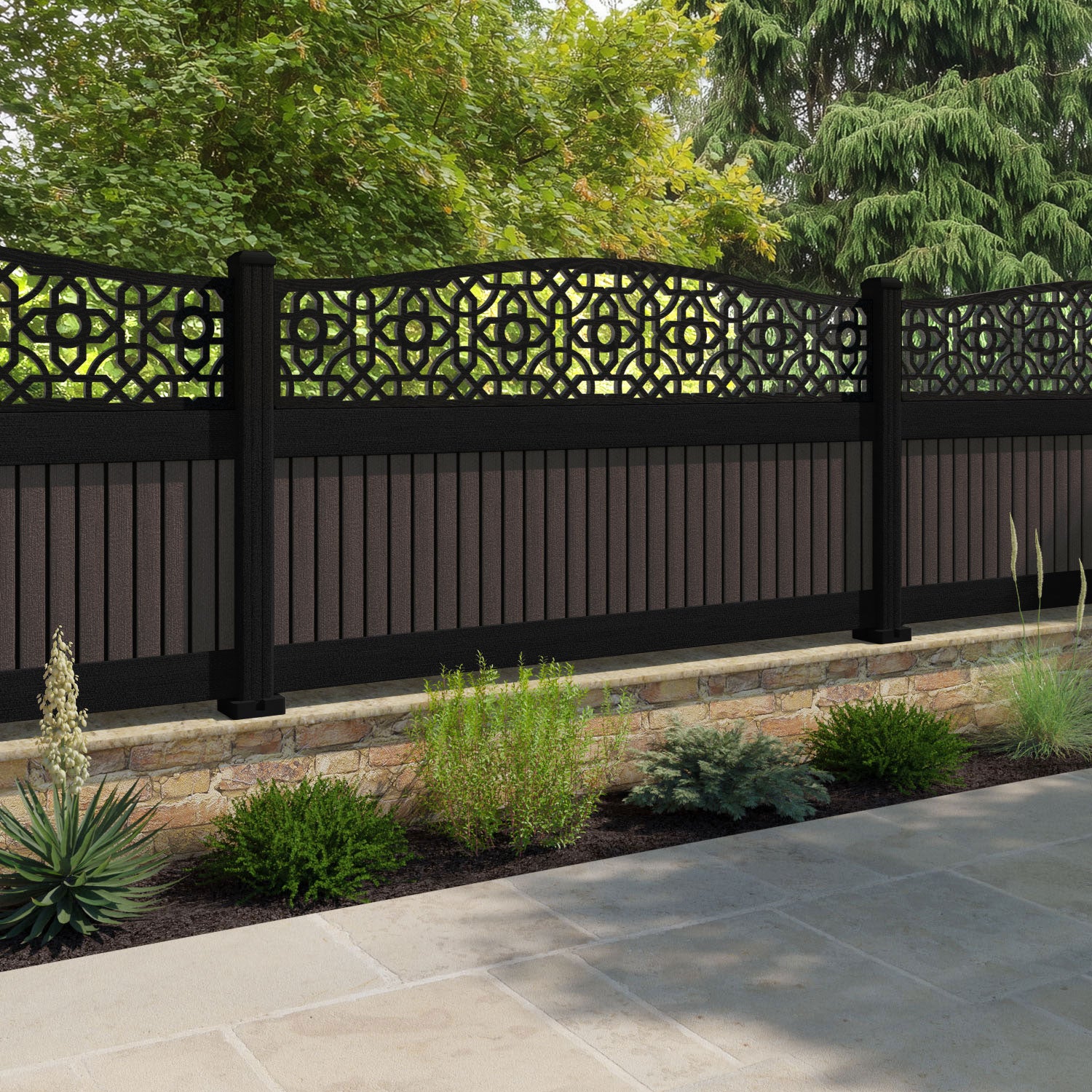 Virtis Nabila Curved Top Fence Panel - Mid Brown - with our aluminium posts
