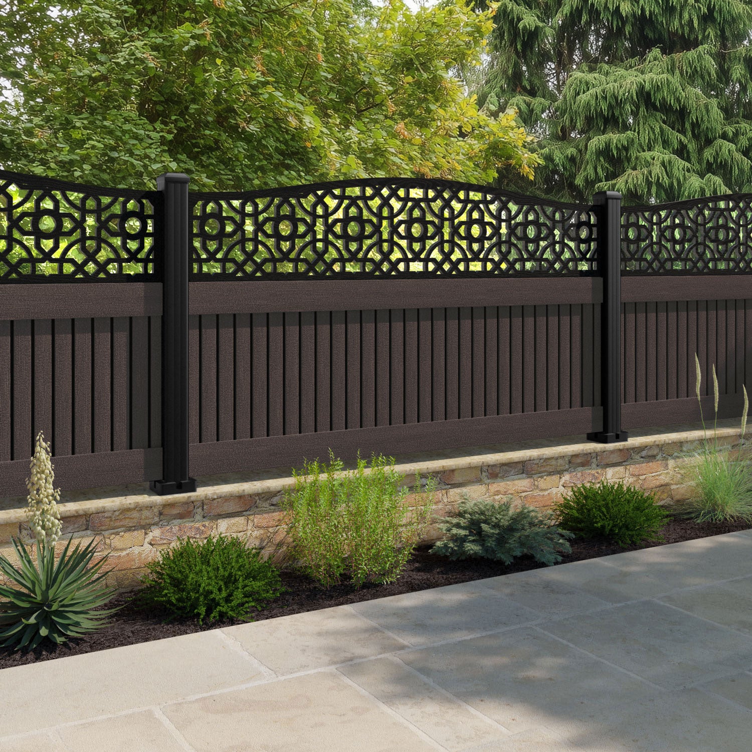 Virtis Nabila Curved Top Fence Panel - Mid Brown - with our aluminium posts
