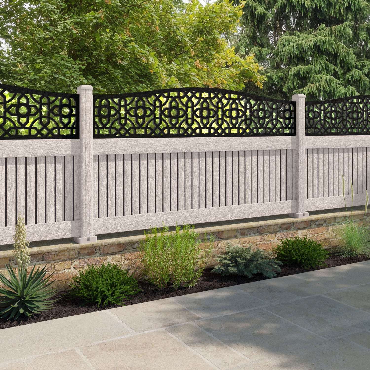 Virtis Nabila Curved Top Fence Panel - Mid Stone - with our composite posts