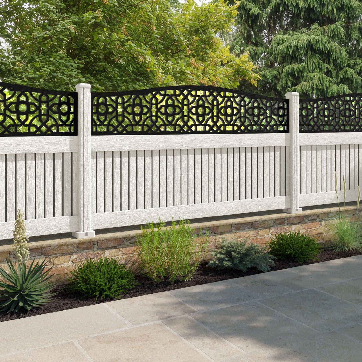 Virtis Nabila Curved Top Fence Panel - Light Stone - with our composite posts