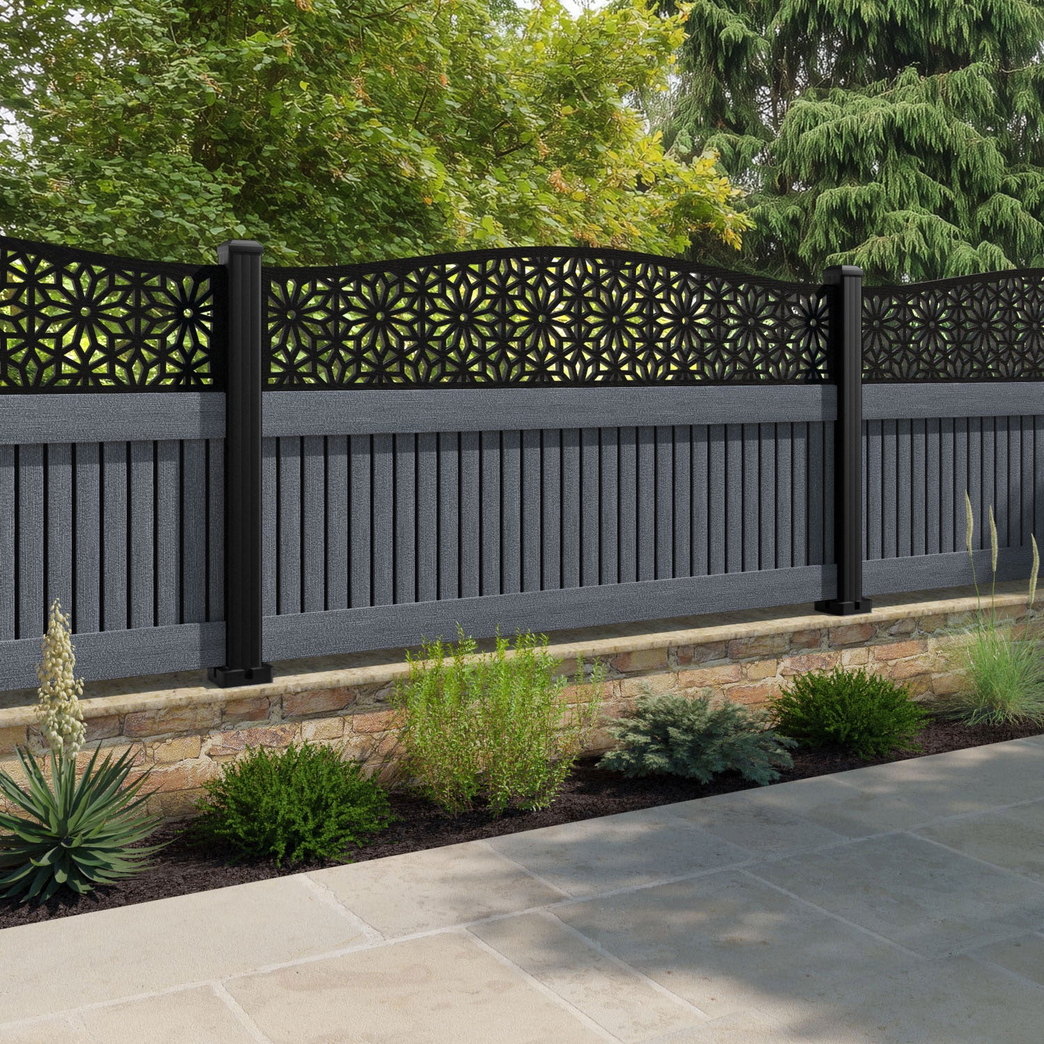 Virtis Narwa Curved Top Fence Panel - Anthracite - with our composite posts