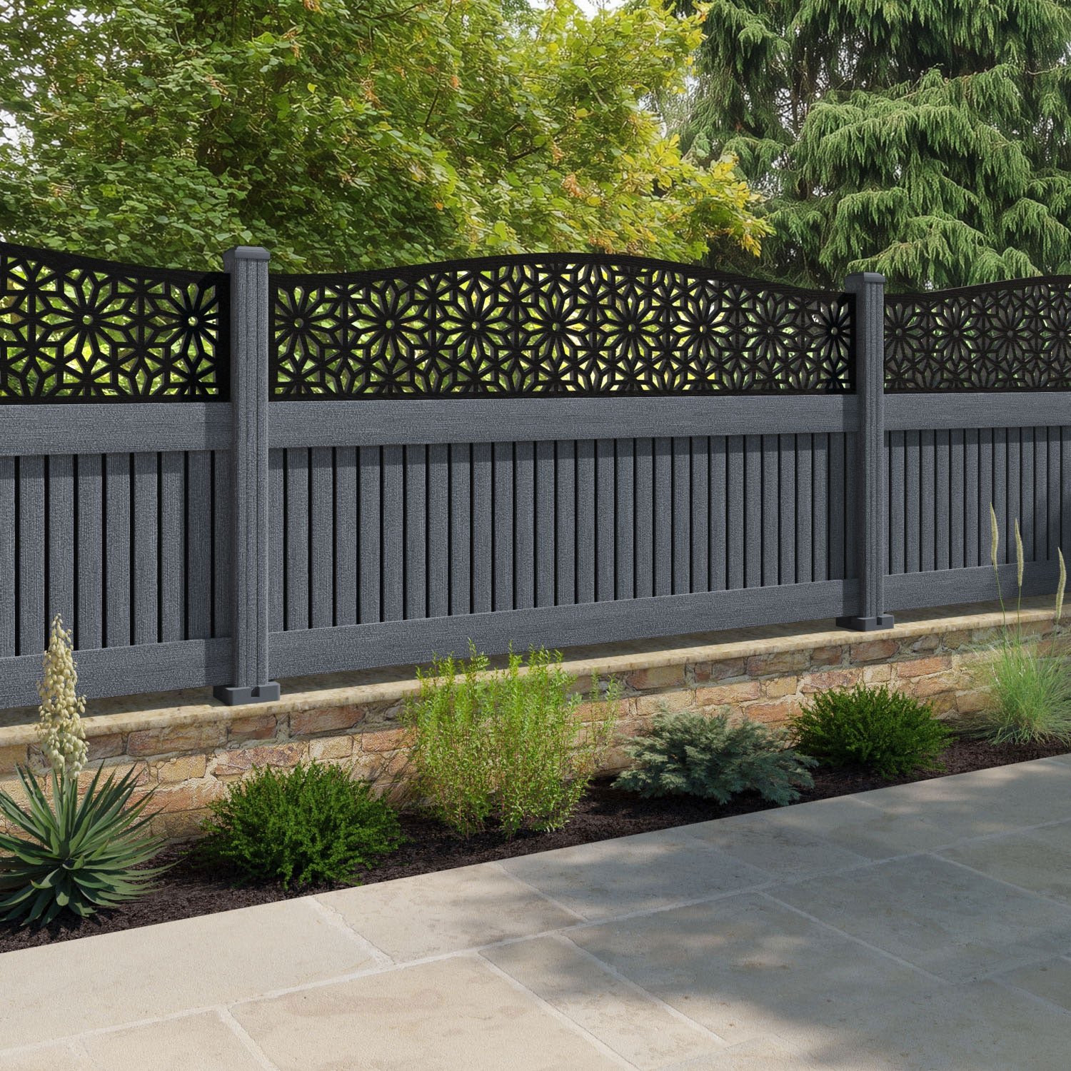 Virtis Narwa Curved Top Fence Panel - Anthracite - with our composite posts