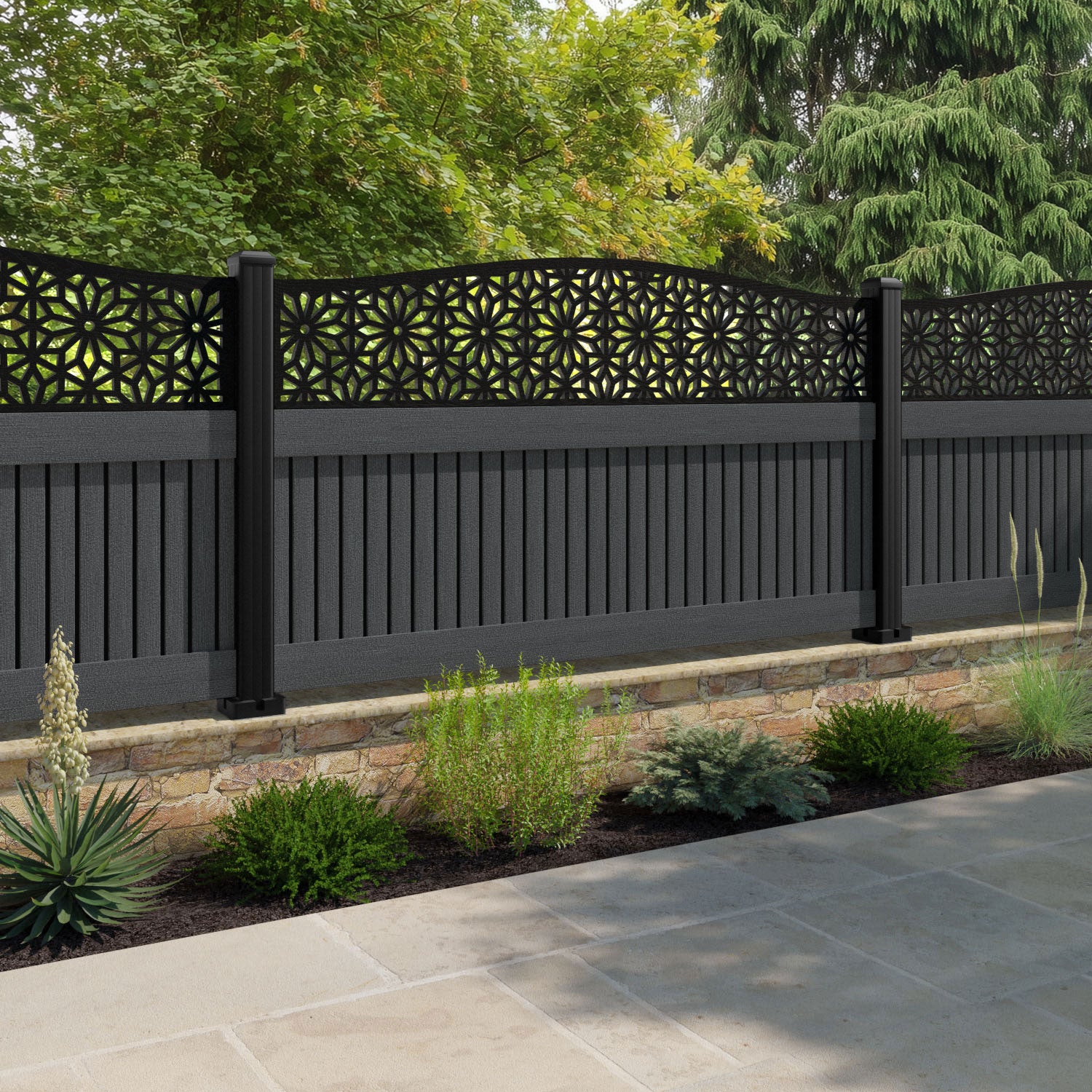 Virtis Narwa Curved Top Fence Panel - Dark Grey - with our composite posts