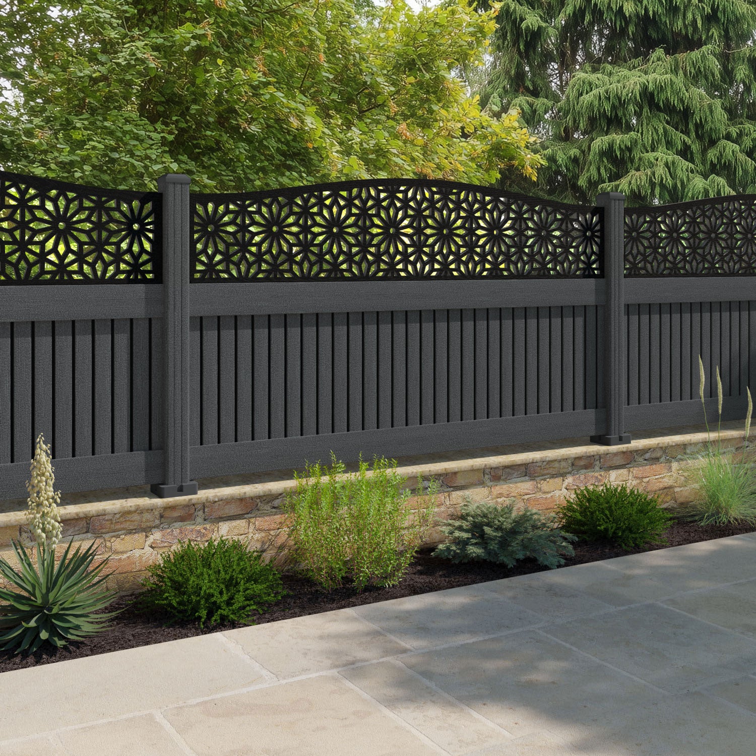 Virtis Narwa Curved Top Fence Panel - Dark Grey - with our composite posts