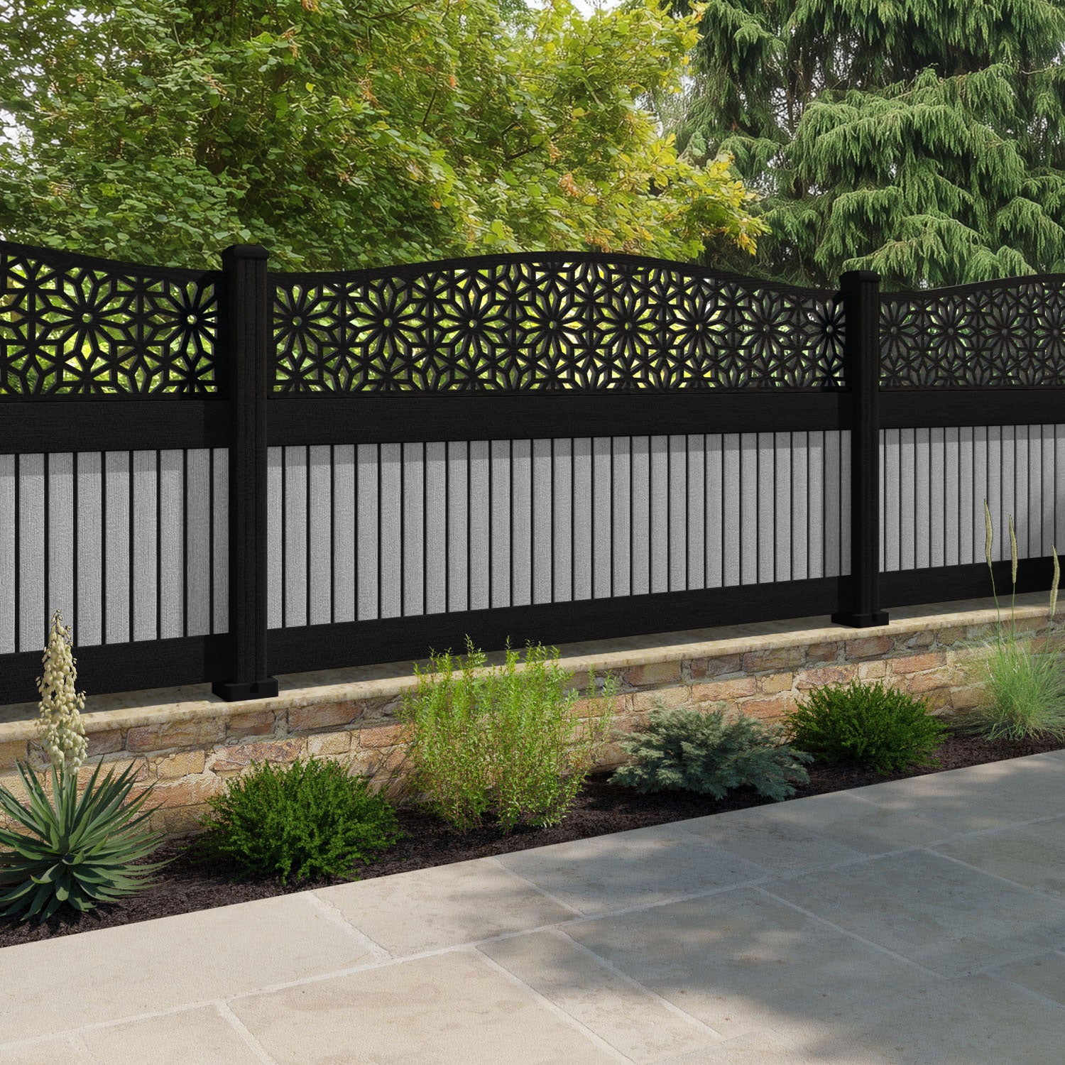 Virtis Narwa Curved Top Fence Panel - Light Grey - with our aluminium posts