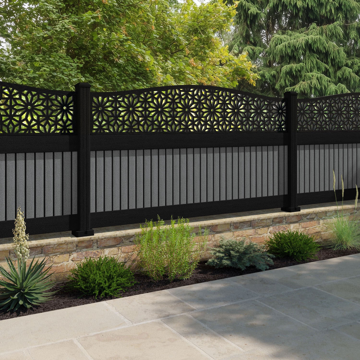 Virtis Narwa Curved Top Fence Panel - Mid Grey - with our composite posts