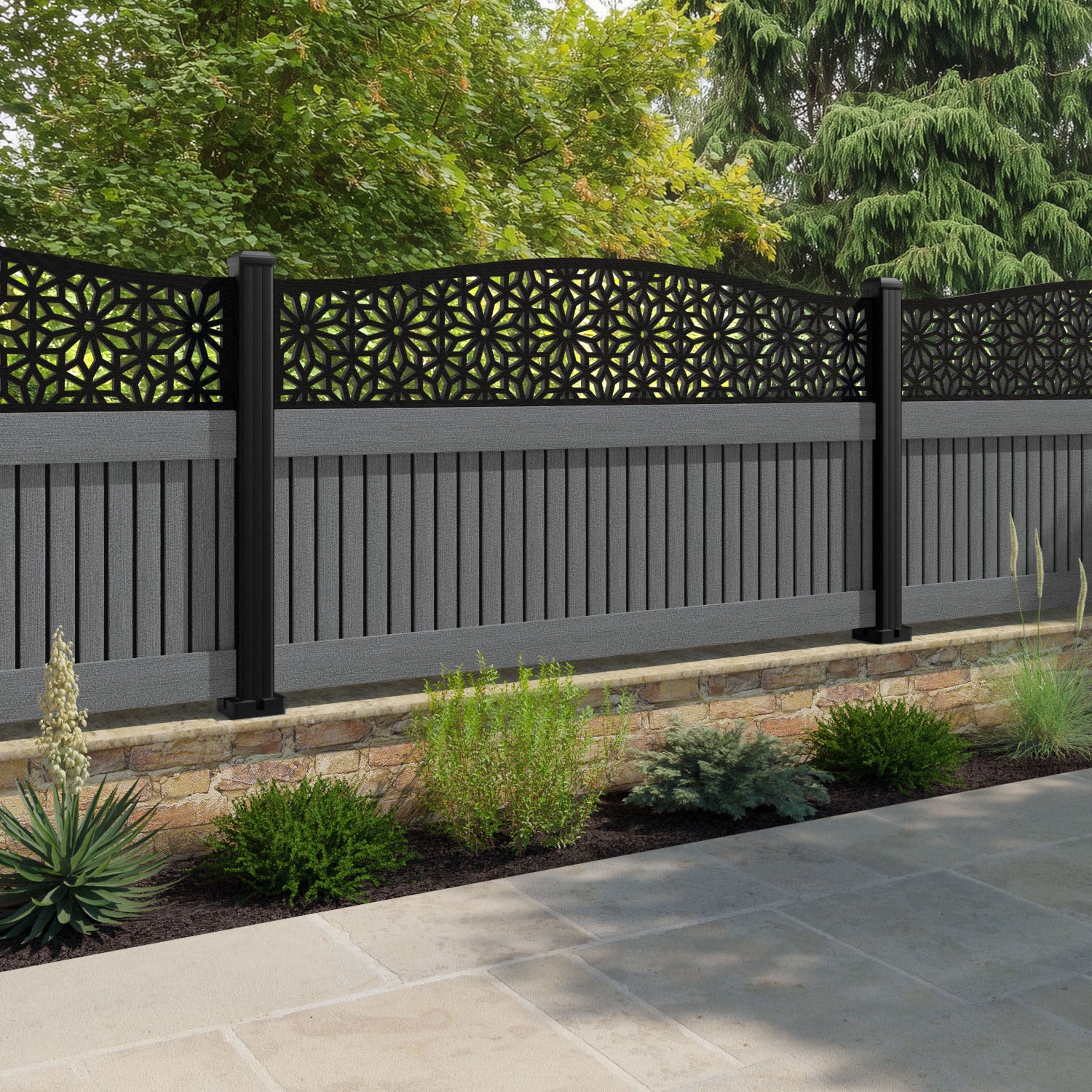 Virtis Narwa Curved Top Fence Panel - Mid Grey - with our aluminium posts