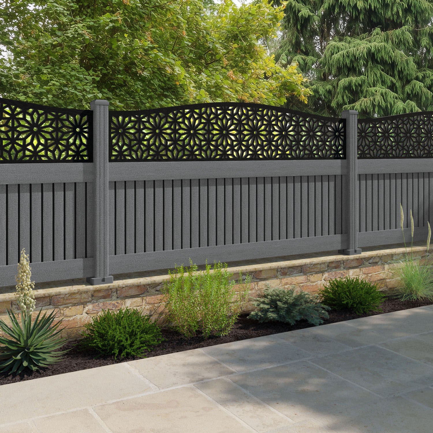 Virtis Narwa Curved Top Fence Panel - Mid Grey - with our composite posts