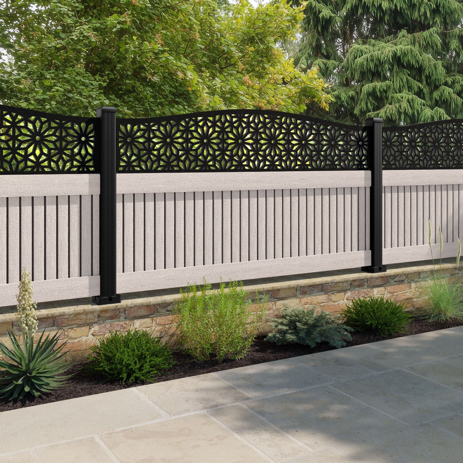 Virtis Narwa Curved Top Fence Panel - Mid Stone - with our composite posts