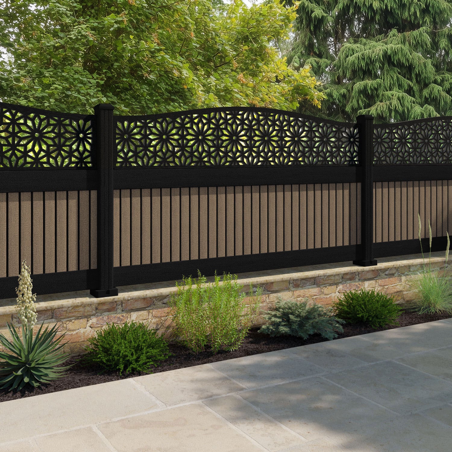 Virtis Narwa Curved Top Fence Panel - Teak - with our composite posts