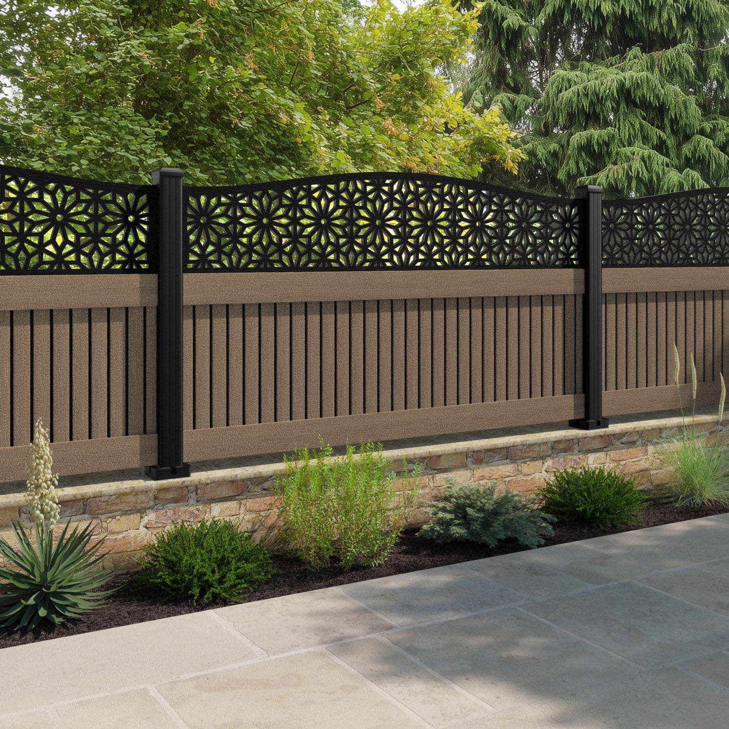 Virtis Narwa Curved Top Fence Panel - Teak - with our aluminium posts