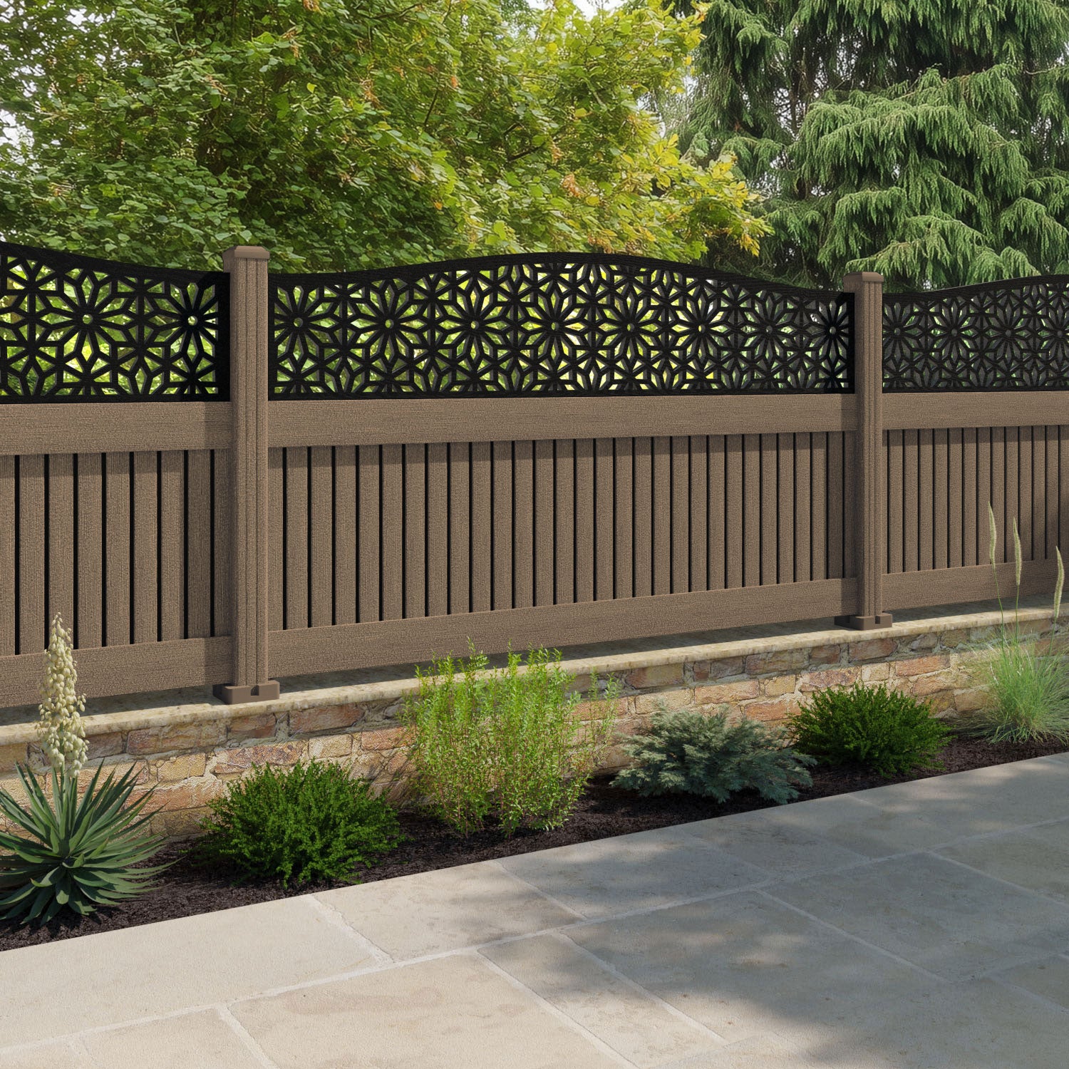 Virtis Narwa Curved Top Fence Panel - Teak - with our composite posts