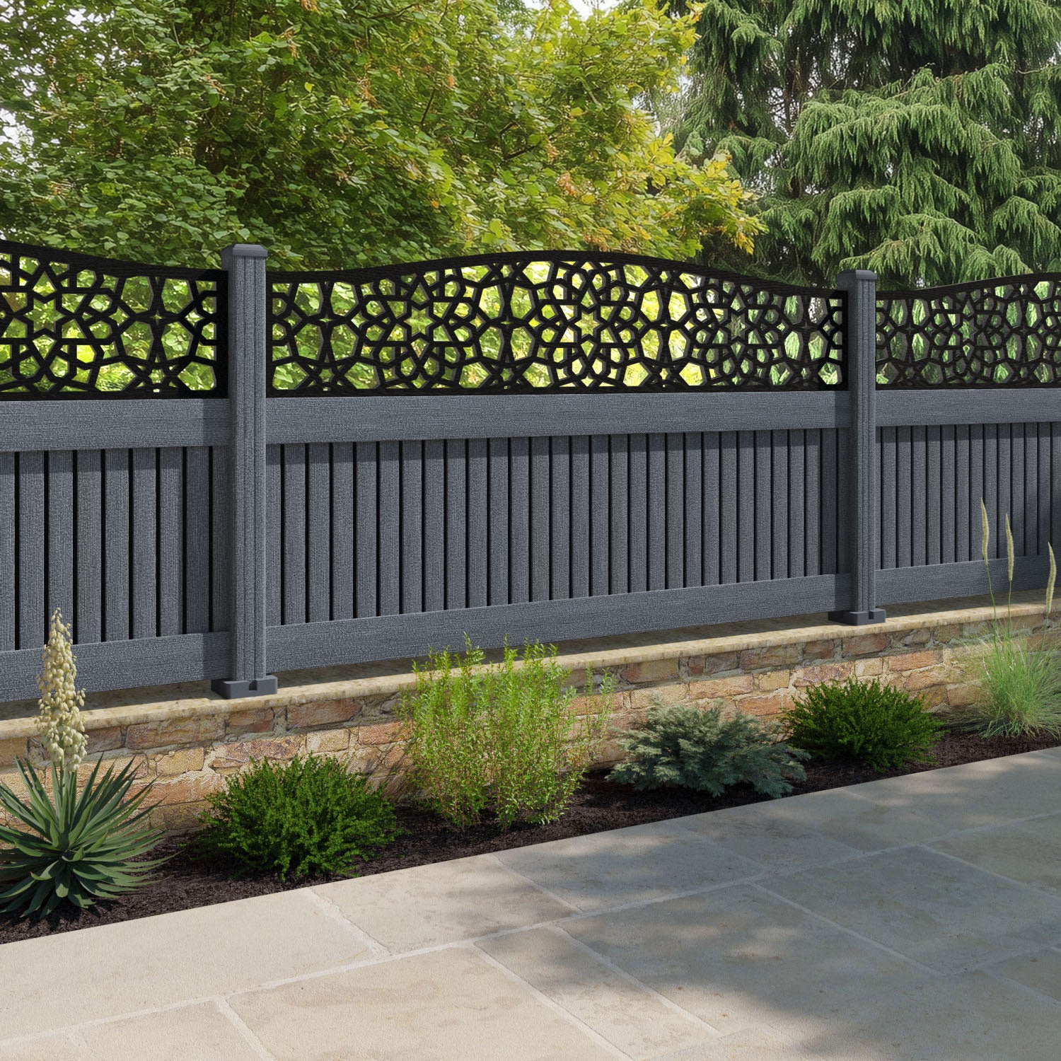 Virtis Nazira Curved Top Fence Panel - Anthracite - with our composite posts