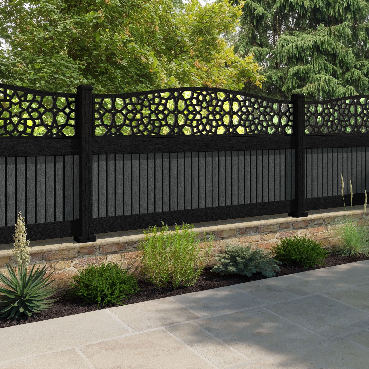 Virtis Nazira Curved Top Fence Panel - Dark Grey - with our aluminium posts