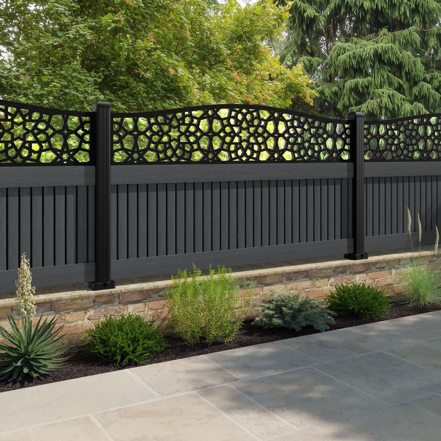 Virtis Nazira Curved Top Fence Panel - Dark Grey - with our composite posts