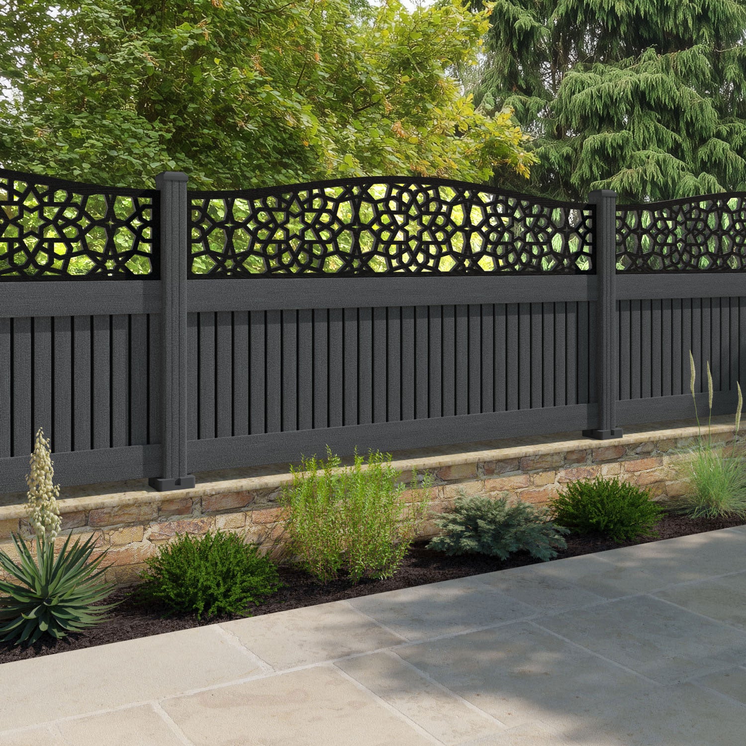 Virtis Nazira Curved Top Fence Panel - Dark Grey - with our composite posts