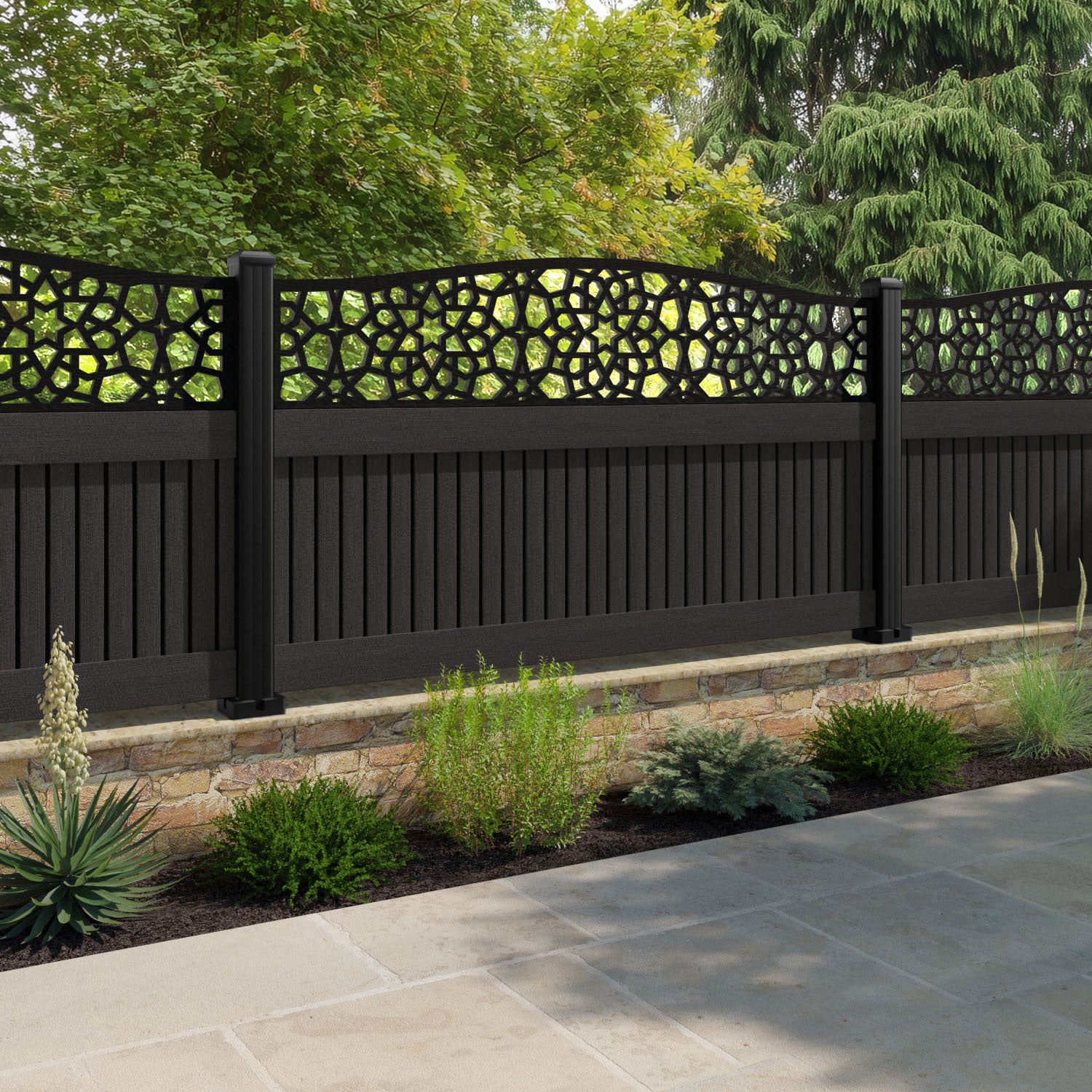 Virtis Nazira Curved Top Fence Panel - Dark Oak - with our aluminium posts