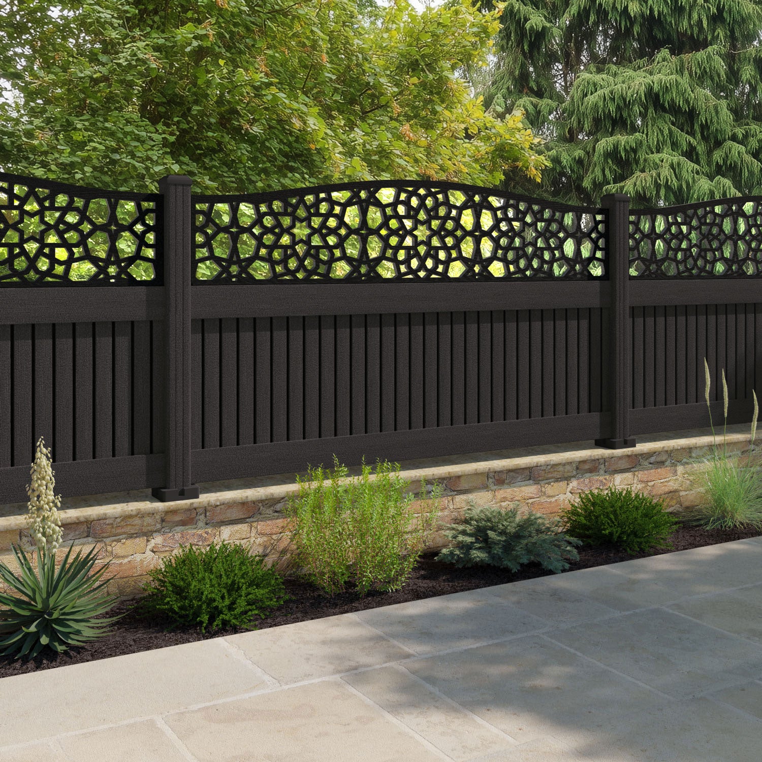 Virtis Nazira Curved Top Fence Panel - Dark Oak - with our composite posts