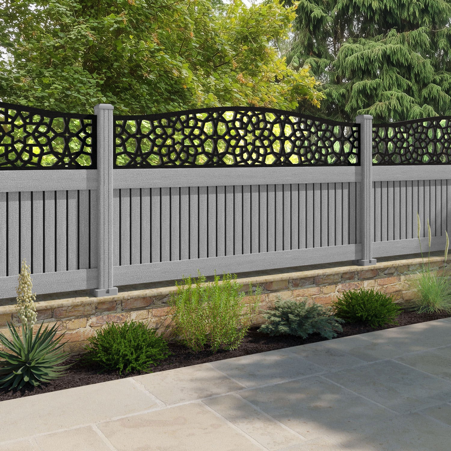 Virtis Nazira Curved Top Fence Panel - Light Grey - with our composite posts