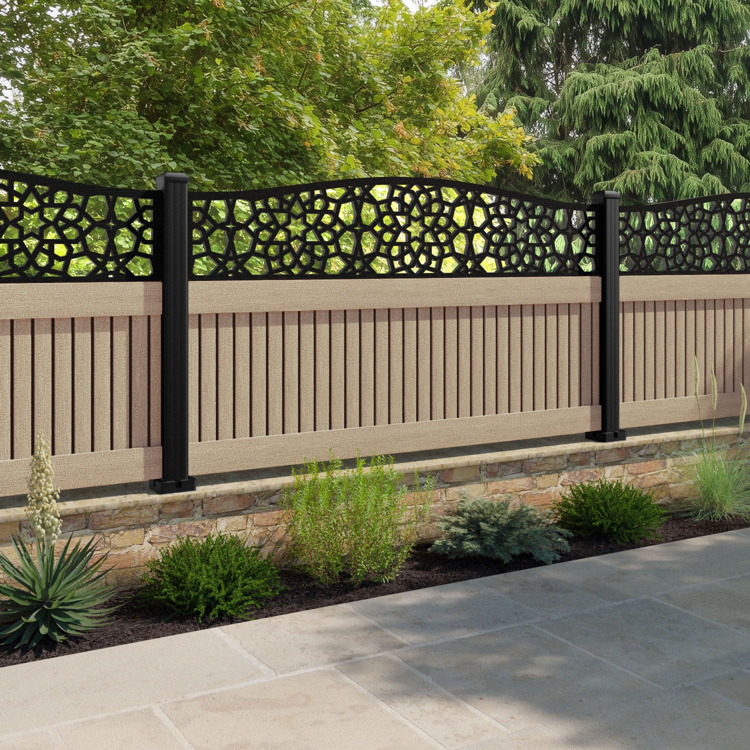 Virtis Nazira Curved Top Fence Panel - Light Oak - with our aluminium posts