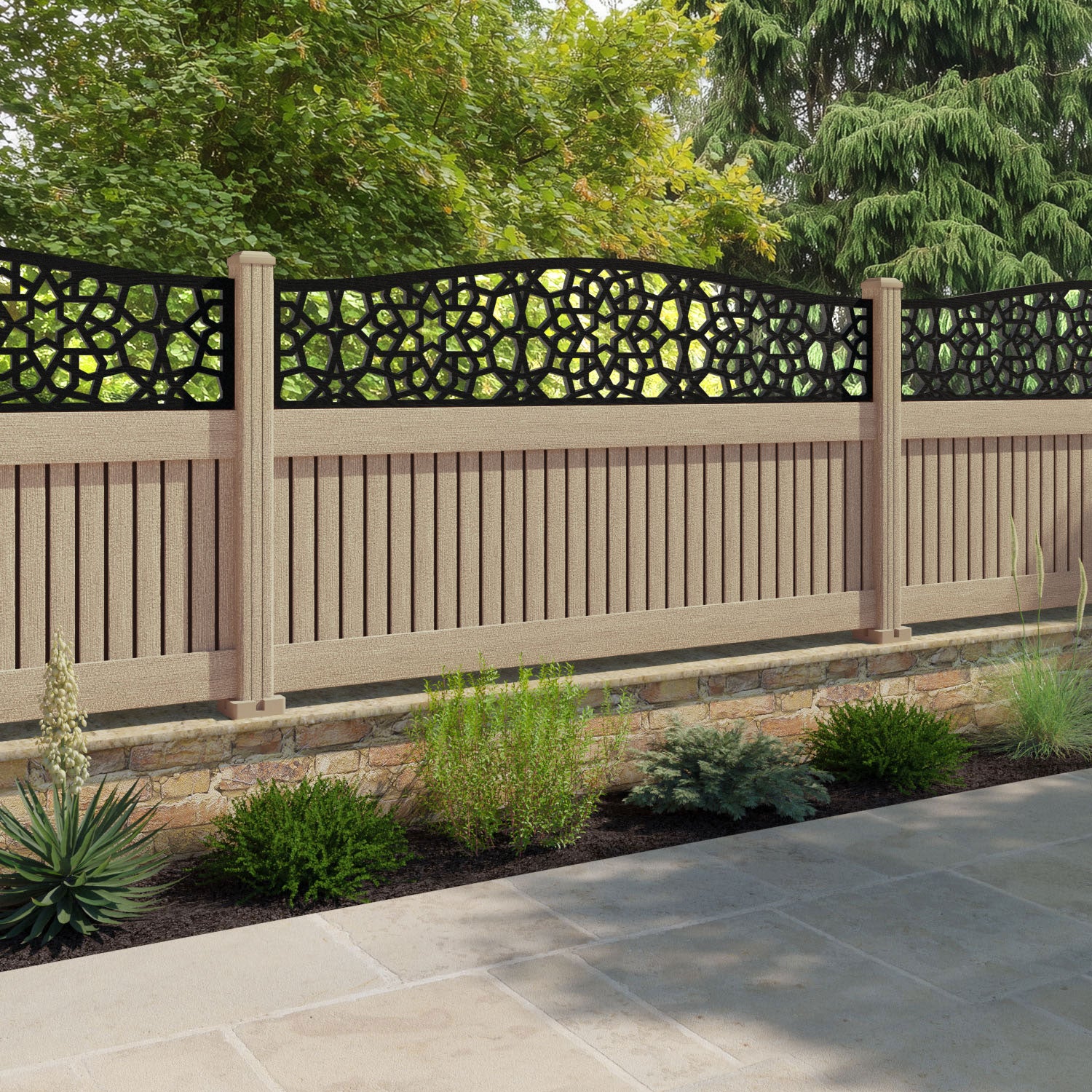 Virtis Nazira Curved Top Fence Panel - Light Oak - with our composite posts