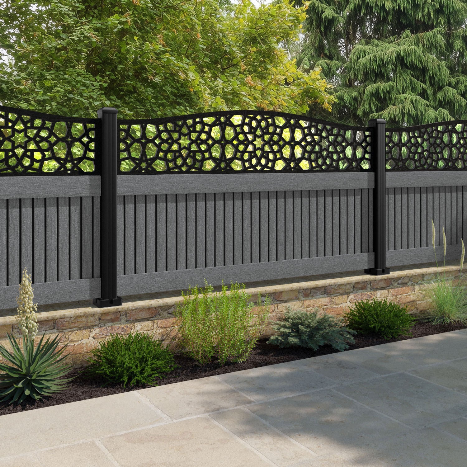 Virtis Nazira Curved Top Fence Panel - Mid Grey - with our aluminium posts