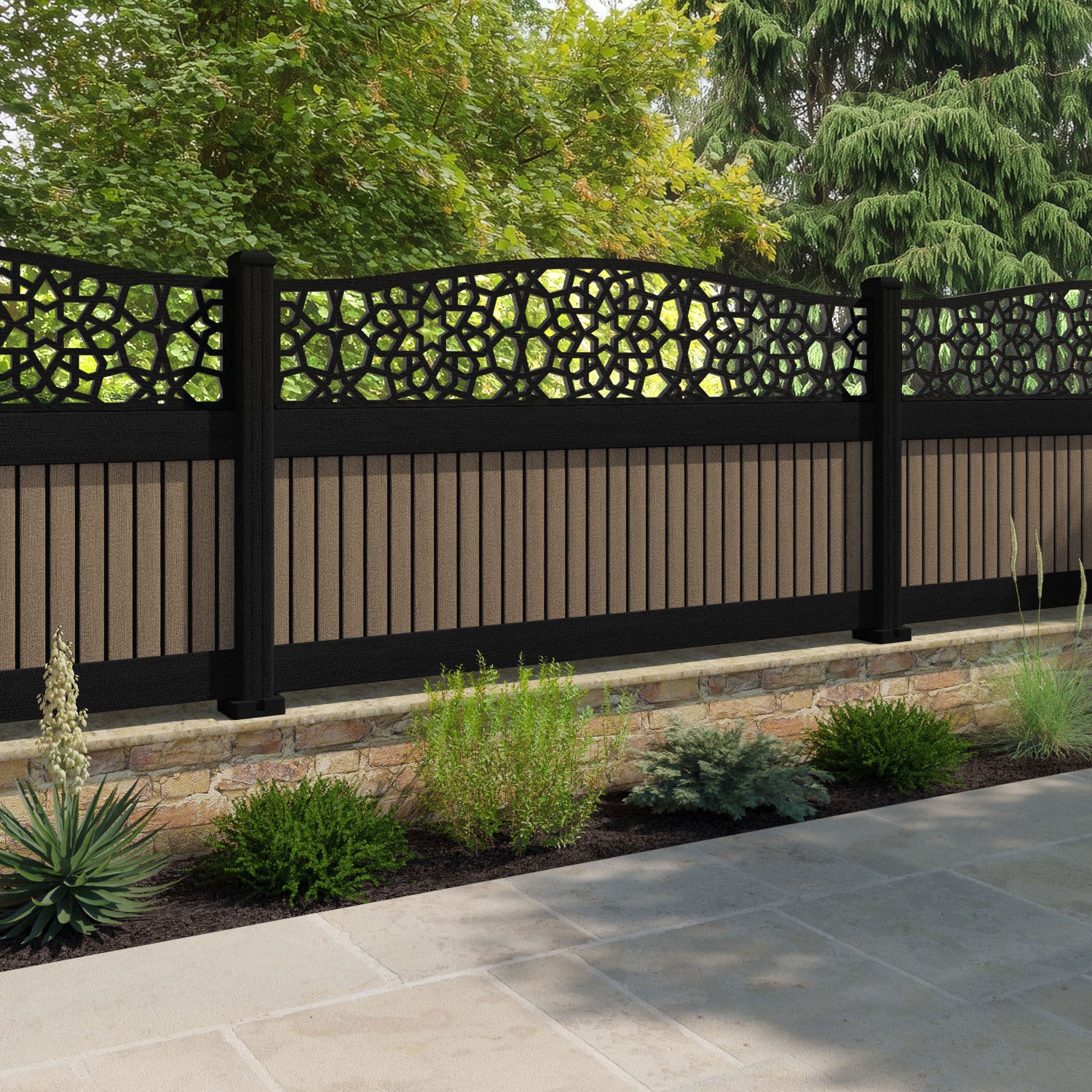 Virtis Nazira Curved Top Fence Panel - Teak - with our aluminium posts