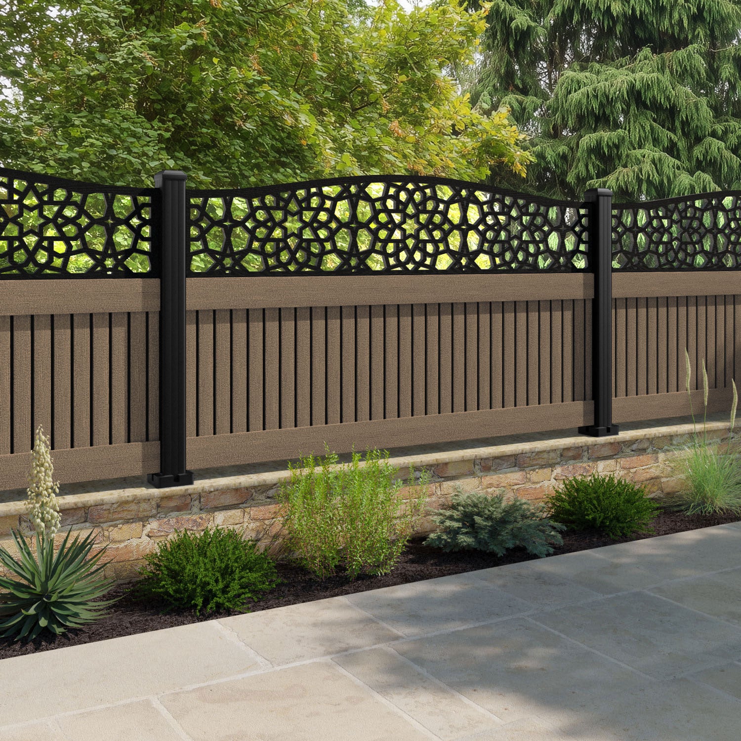 Virtis Nazira Curved Top Fence Panel - Teak - with our aluminium posts