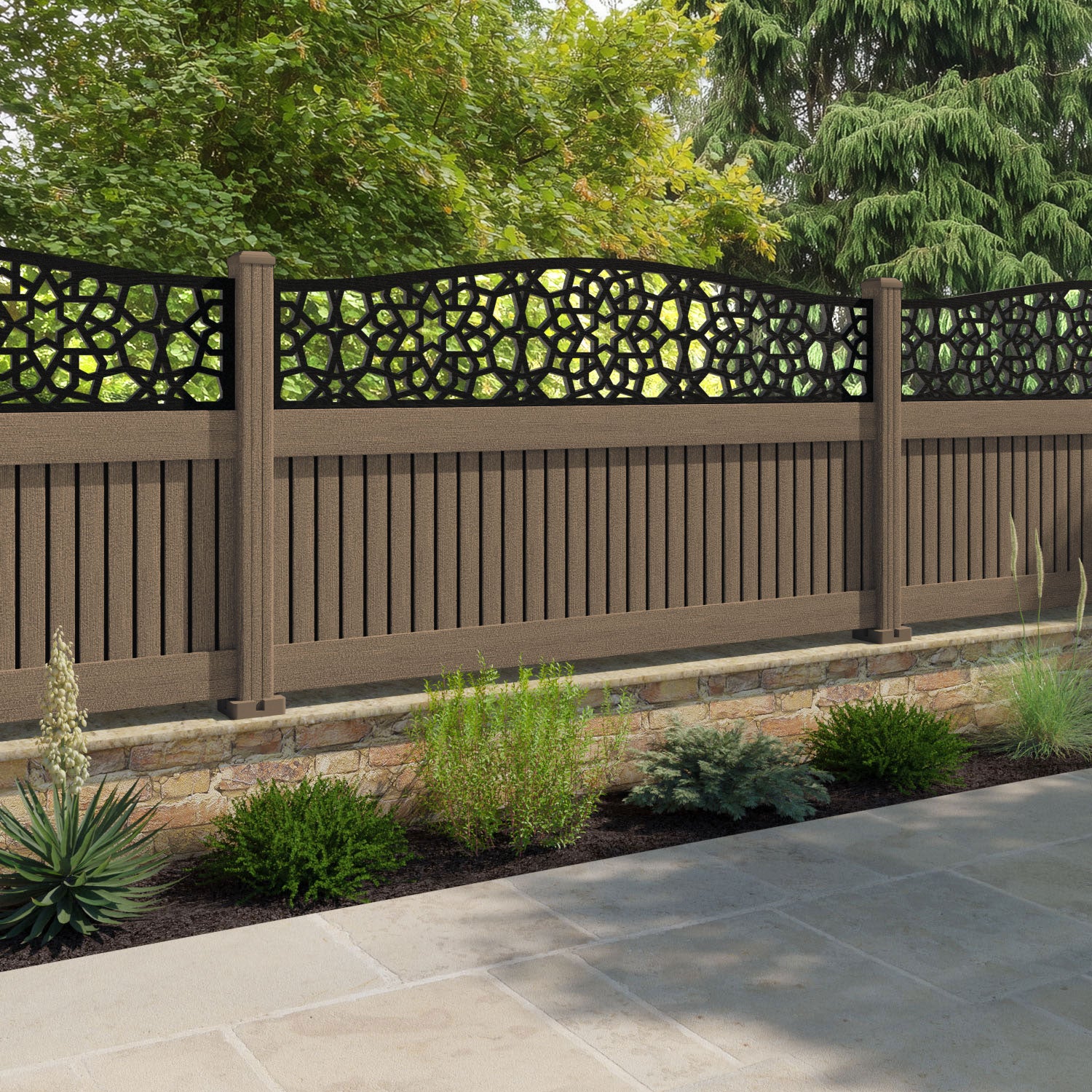 Virtis Nazira Curved Top Fence Panel - Teak - with our composite posts