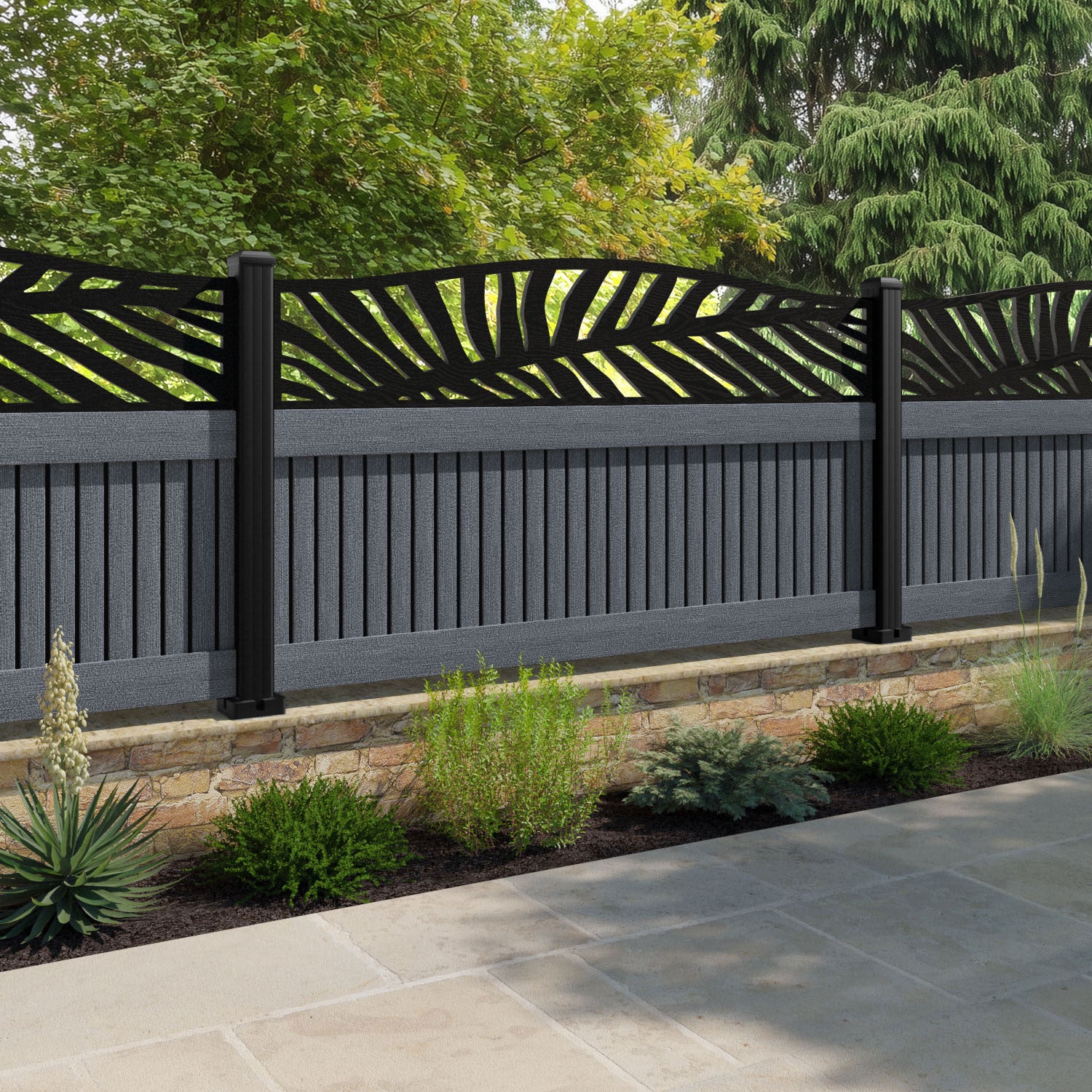 Virtis Palm Curved Top Fence Panel - Anthracite - with our composite posts