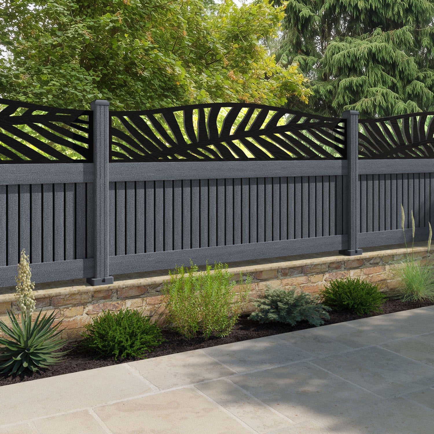 Virtis Palm Curved Top Fence Panel - Anthracite - with our composite posts